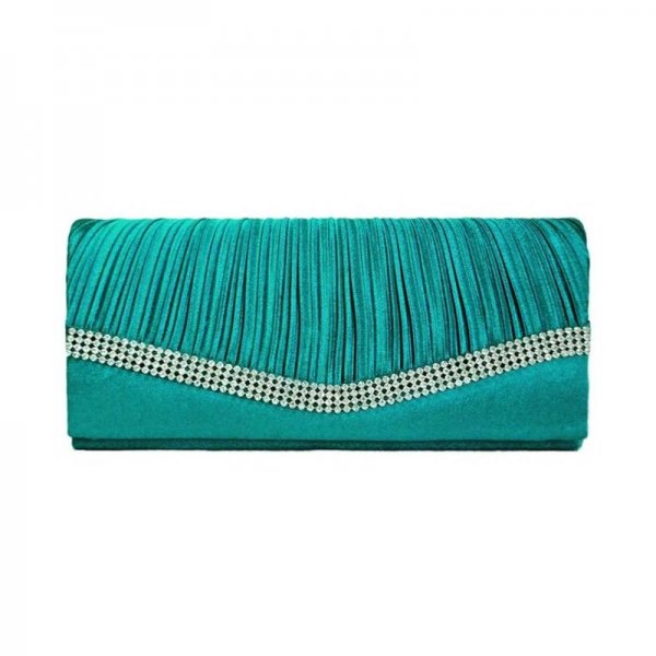 PLEATED SATIN WEDDING EVENING BRIDAL CLUTCH PURSE WITH RHINESTONES - TEAL BLUE